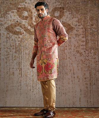 multicolor embroidered pashmina kurta bundi set for men 4