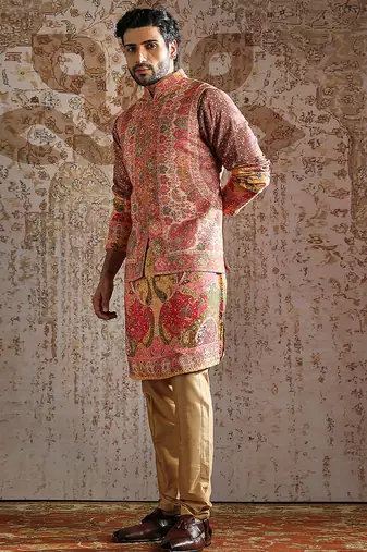 multicolor embroidered pashmina kurta bundi set for men