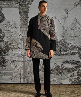 black work fabric jacquard kurta set for men 1