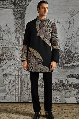 Black embroidered jacquard kurta set