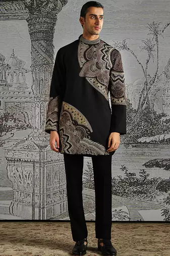 Black embroidered jacquard kurta set