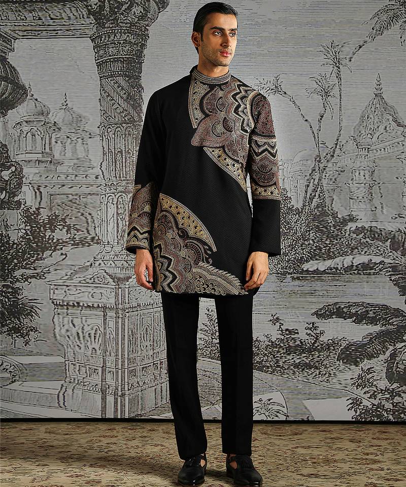Black embroidered jacquard kurta set