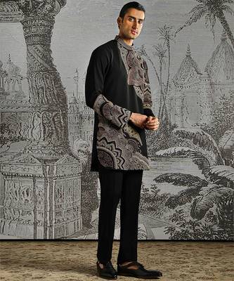 black work fabric jacquard kurta set for men 2