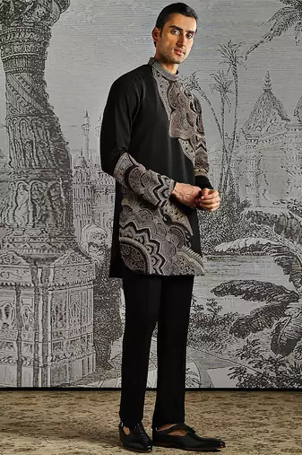black work fabric jacquard kurta set for men