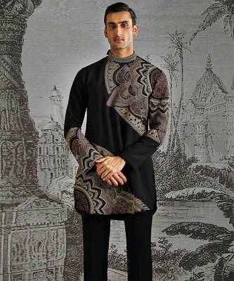 black work fabric jacquard kurta set for men 3