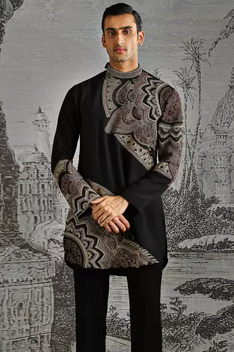 black work fabric jacquard kurta set for men