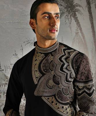 black work fabric jacquard kurta set for men 4
