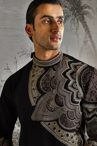 black work fabric jacquard kurta set for men