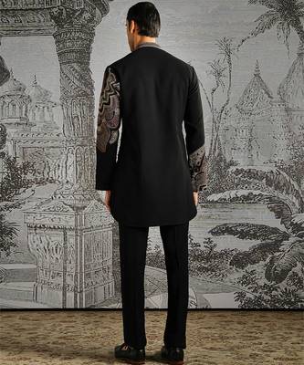 black work fabric jacquard kurta set for men 5