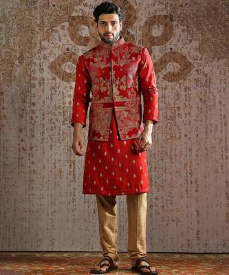 red embroidered raw silk kurta bundi set for men 1
