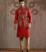Red embroidered raw silk kurta bundi set