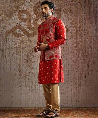 red embroidered raw silk kurta bundi set for men 2