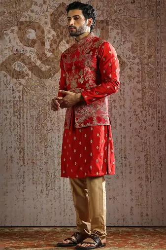 red embroidered raw silk kurta bundi set for men