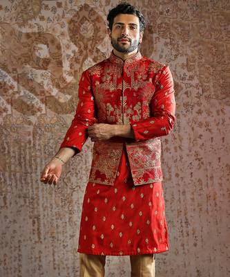 red embroidered raw silk kurta bundi set for men 3