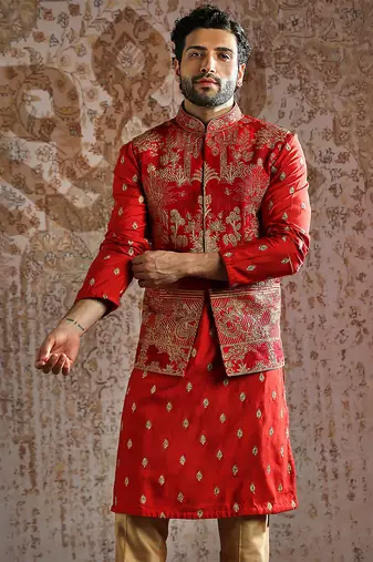 red embroidered raw silk kurta bundi set for men