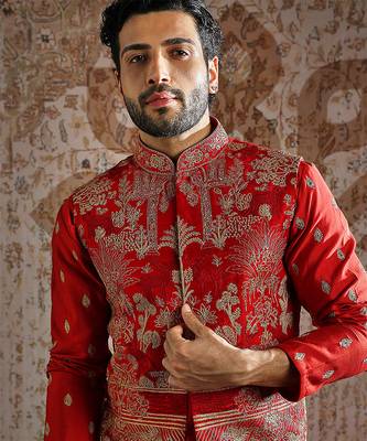 red embroidered raw silk kurta bundi set for men 4