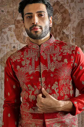 red embroidered raw silk kurta bundi set for men