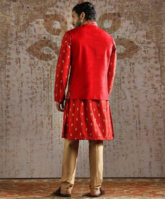 red embroidered raw silk kurta bundi set for men 5