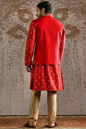 red embroidered raw silk kurta bundi set for men