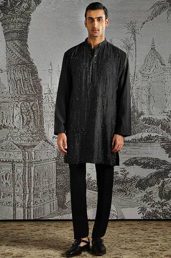 Black embroidered chanderi silk kurta set