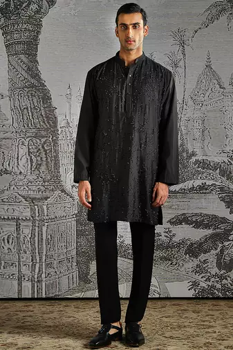 Black embroidered chanderi silk kurta set