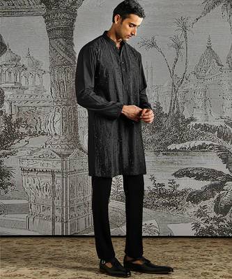 men's black embroidered chanderi silk kurta set 2