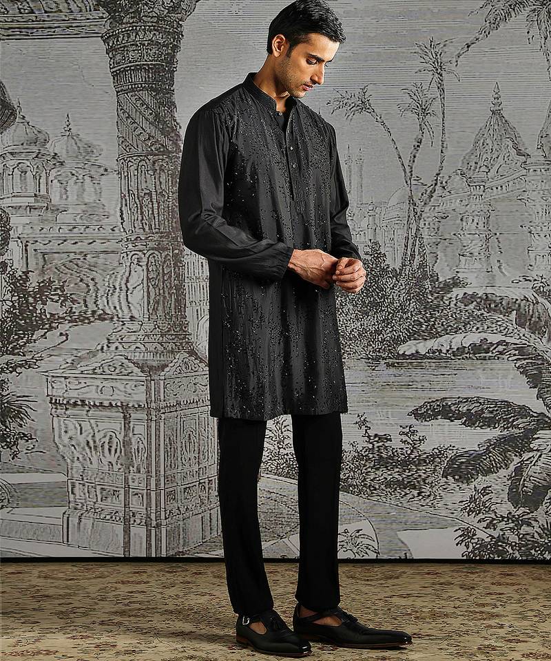 Black embroidered chanderi silk kurta set