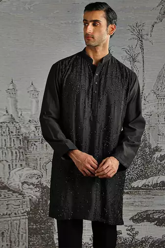 men's black embroidered chanderi silk kurta set