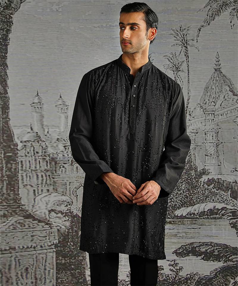 Black embroidered chanderi silk kurta set