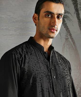 men's black embroidered chanderi silk kurta set 4