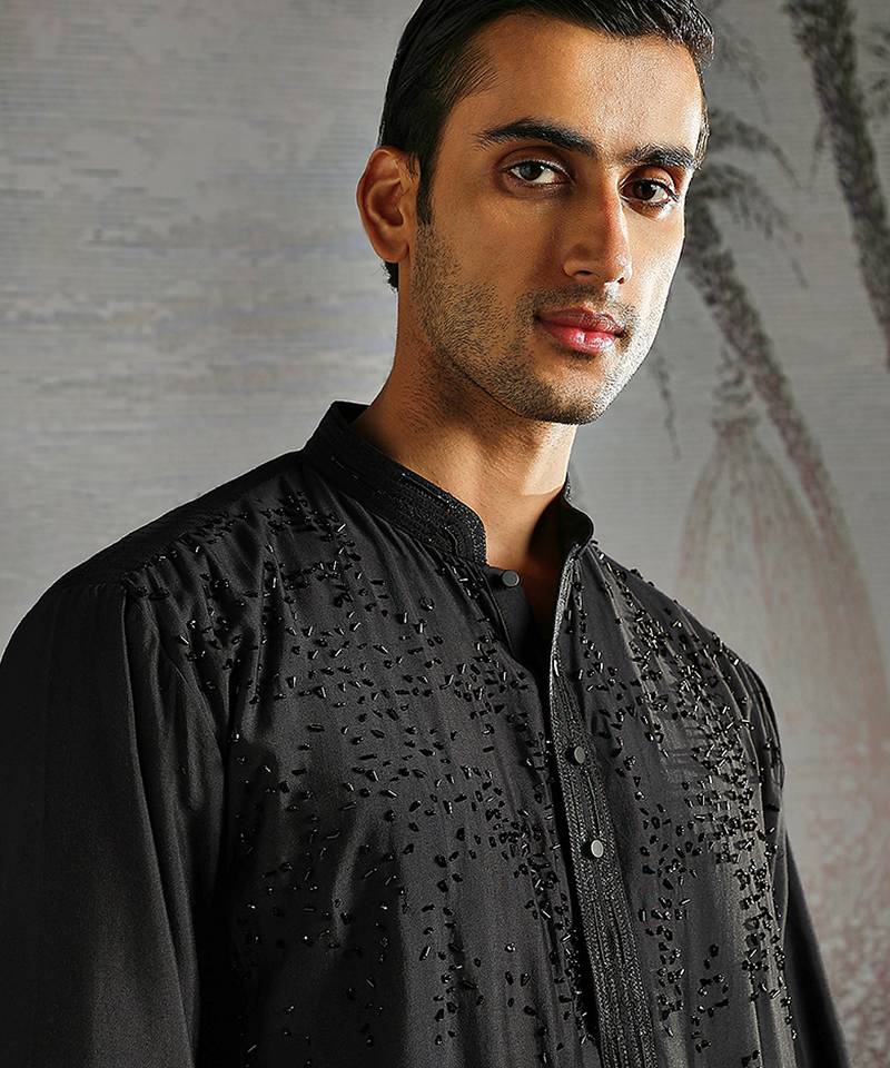 Black embroidered chanderi silk kurta set