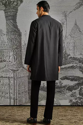 men's black embroidered chanderi silk kurta set