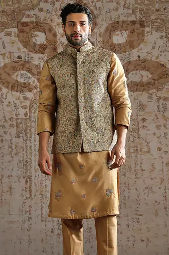 gold woven silk kurta bundi set for men