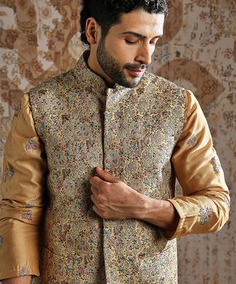 gold woven silk kurta bundi set for men 3