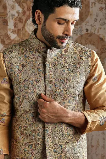 gold woven silk kurta bundi set for men