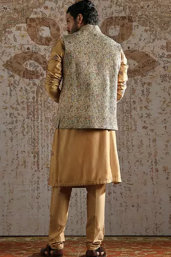 gold woven silk kurta bundi set for men