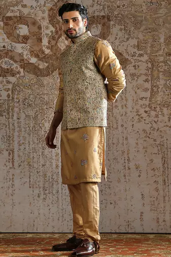 gold woven silk kurta bundi set for men