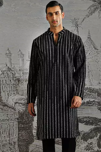 black embroidered velvet kurta set for men