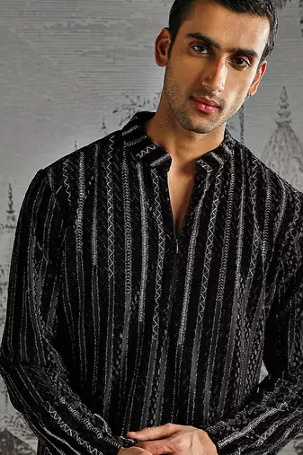 black embroidered velvet kurta set for men