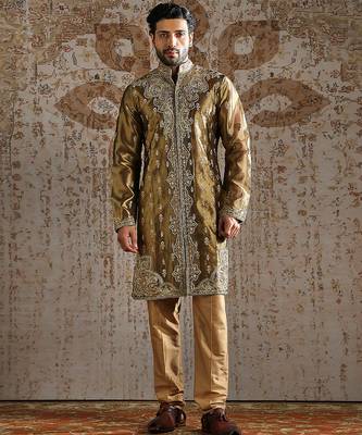 green embroidered tissue kurta set for men 1
