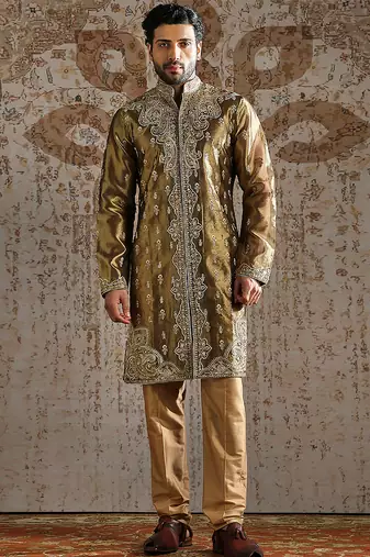 Green embroidered tissue kurta set