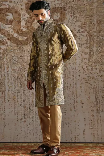 green embroidered tissue kurta set for men