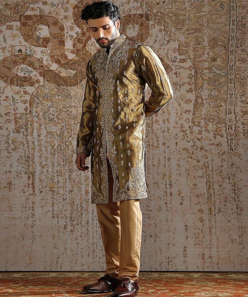 Green embroidered tissue kurta set