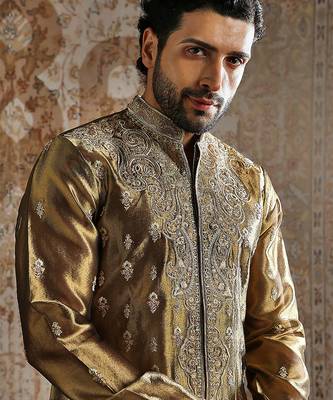 green embroidered tissue kurta set for men 3