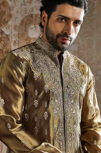 green embroidered tissue kurta set for men