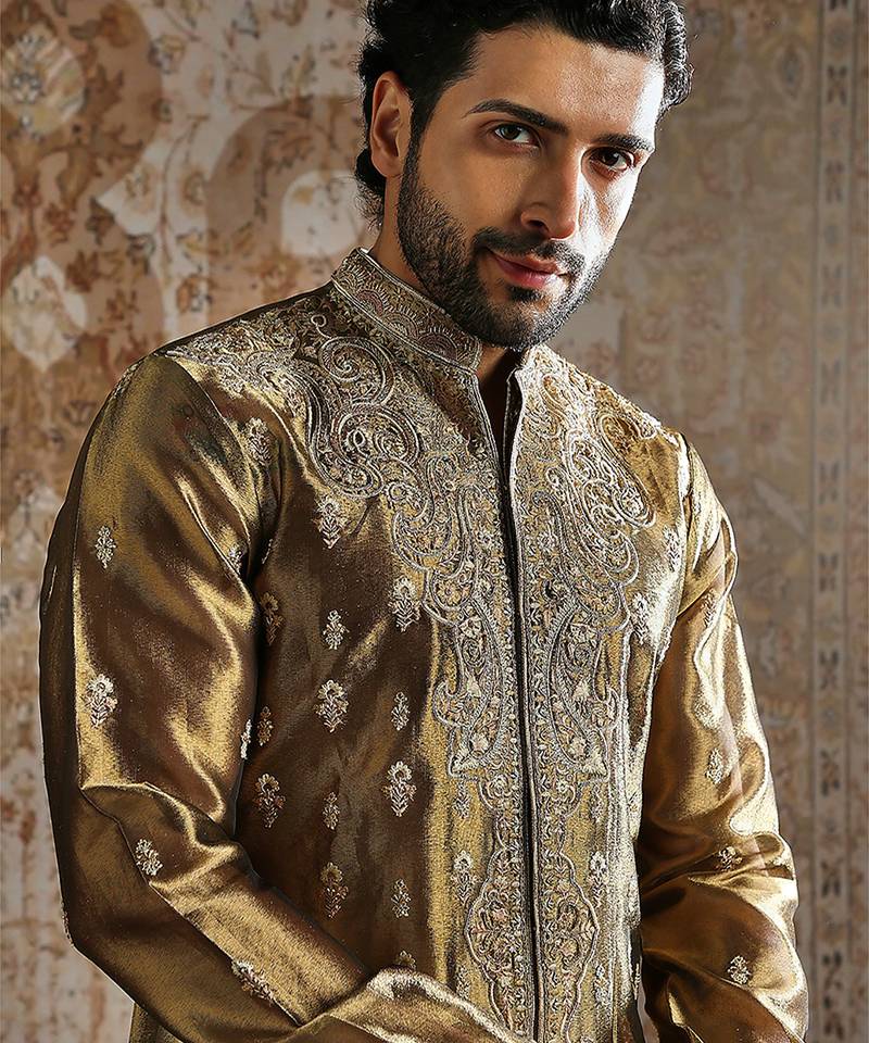 Green embroidered tissue kurta set