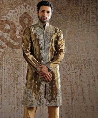 green embroidered tissue kurta set for men 4