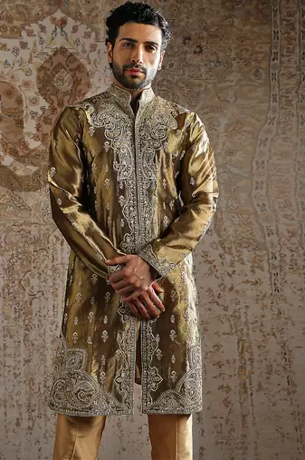 green embroidered tissue kurta set for men