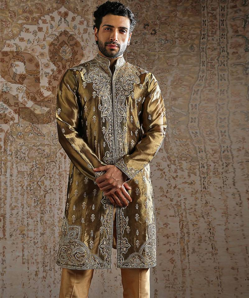 Green embroidered tissue kurta set