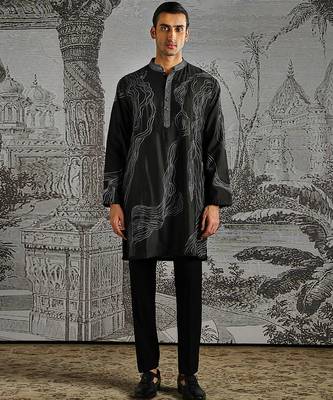 black embroidered chanderi silk kurta set for men 1